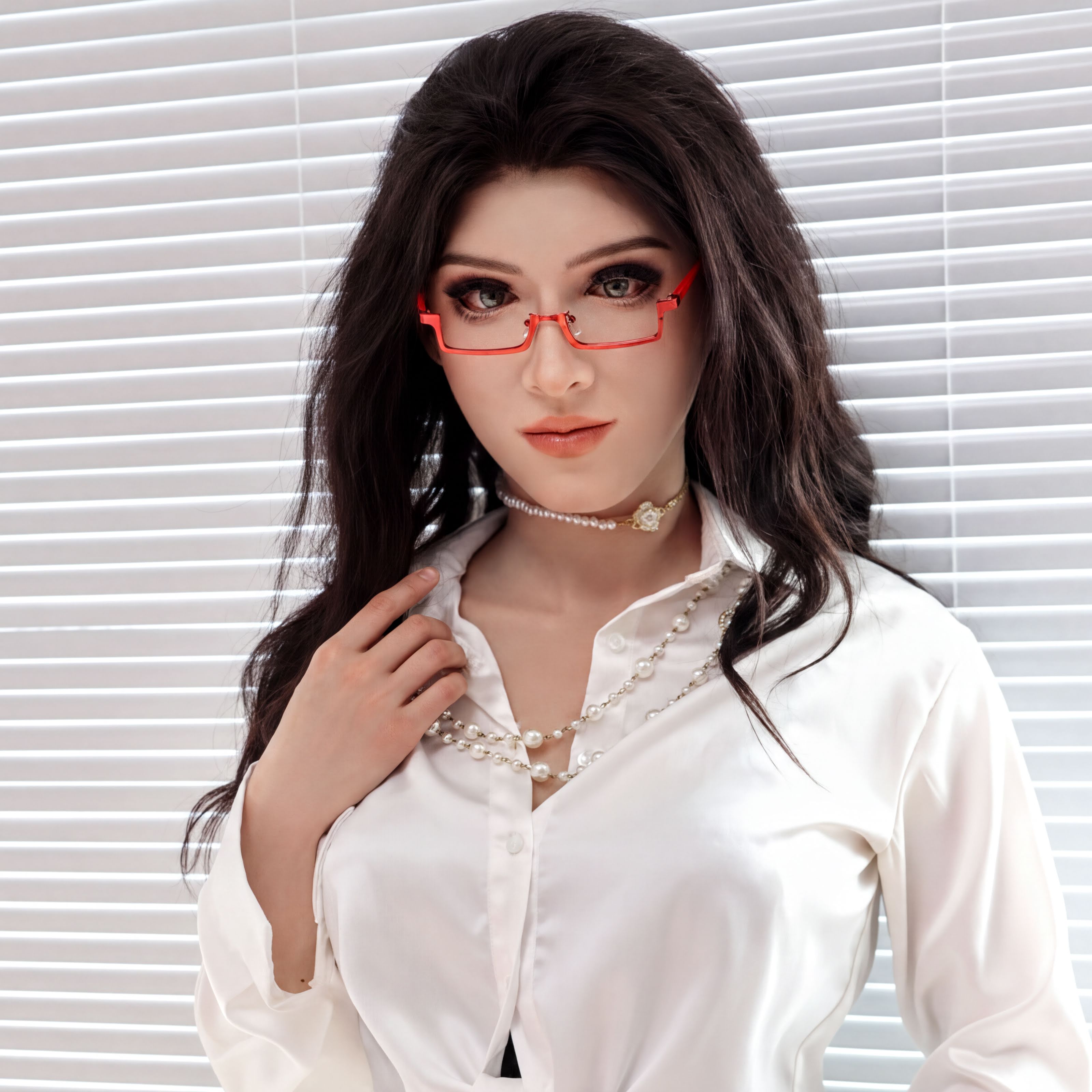 A woman with long dark hair wearing a white blouse and red glasses stands in front of a white blind.