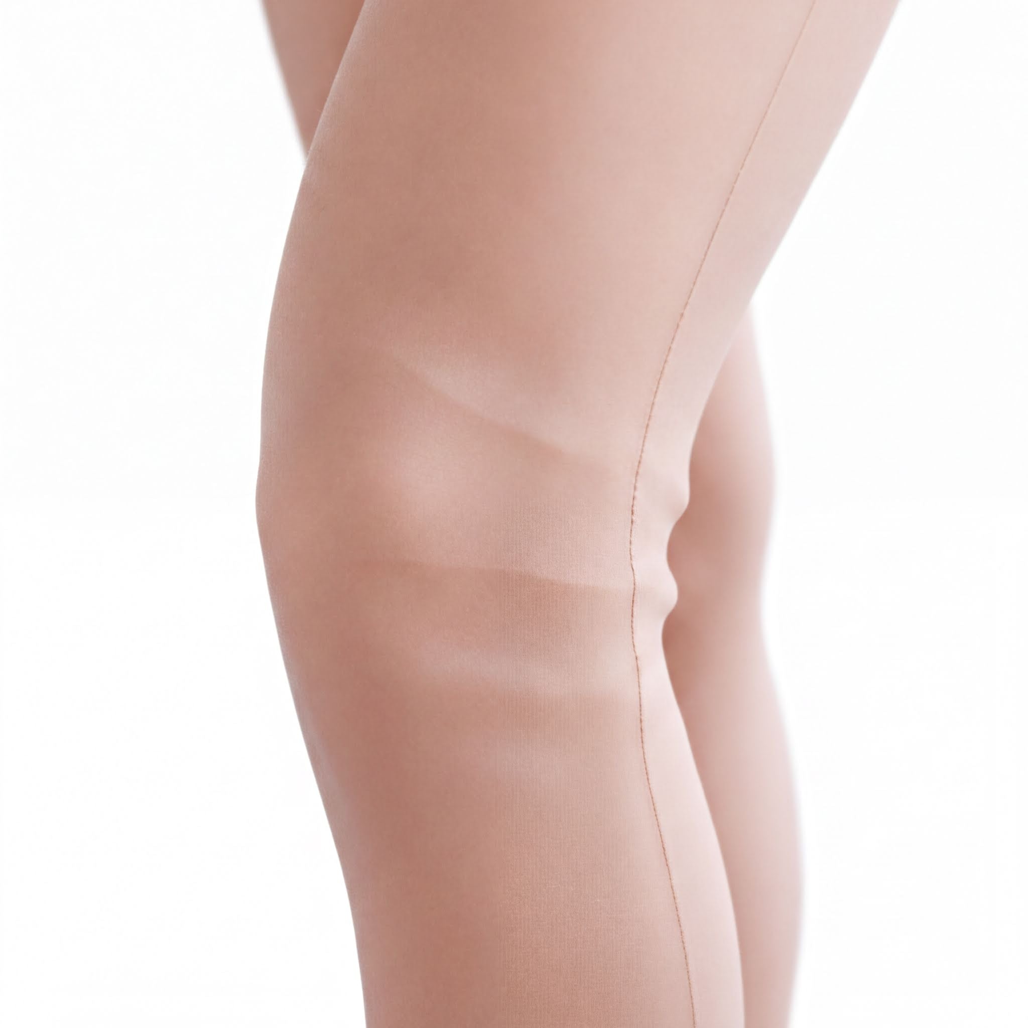 A close-up view of a person's legs wearing a light pink tights or stockings.