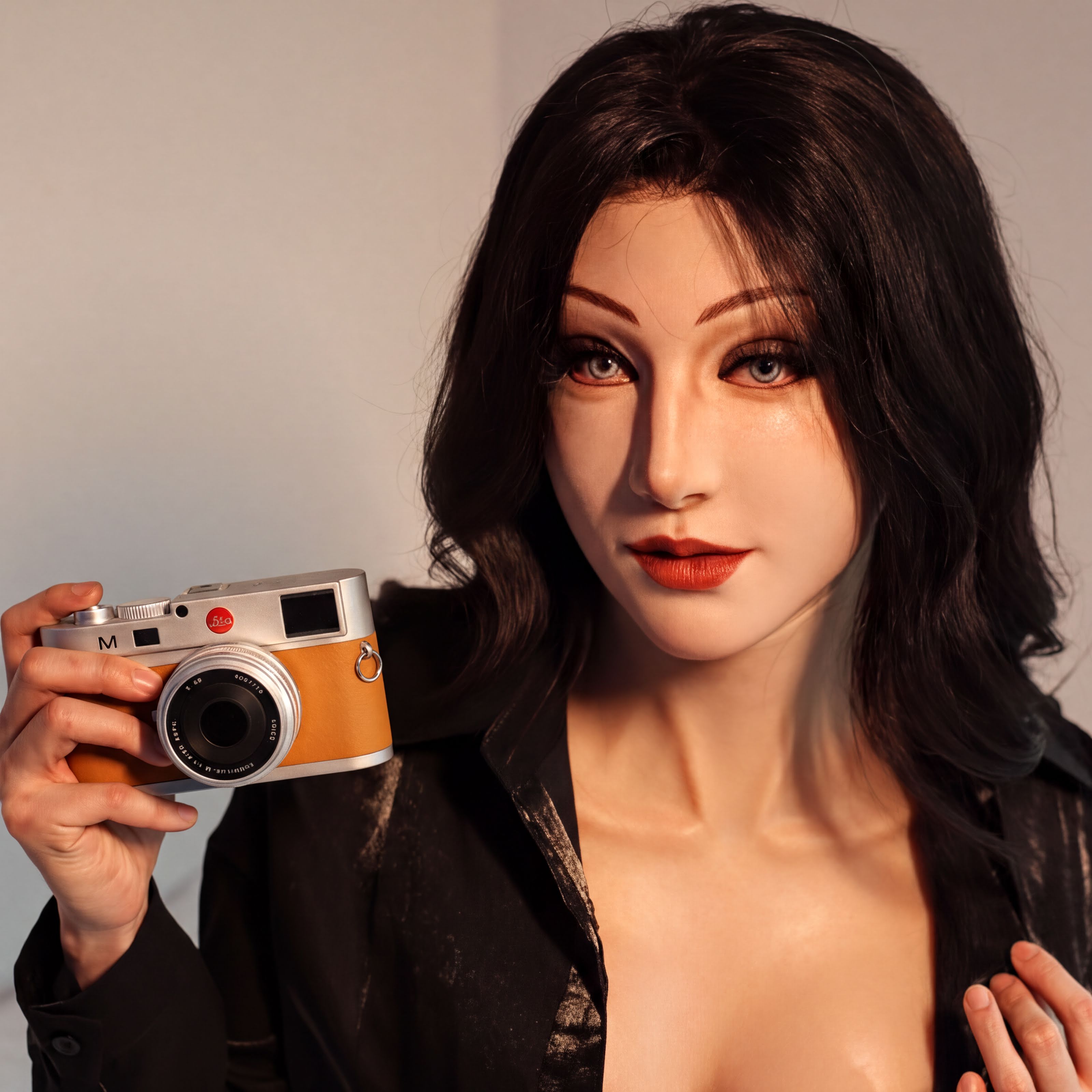 A woman with dark hair and makeup is holding a camera in the image.
