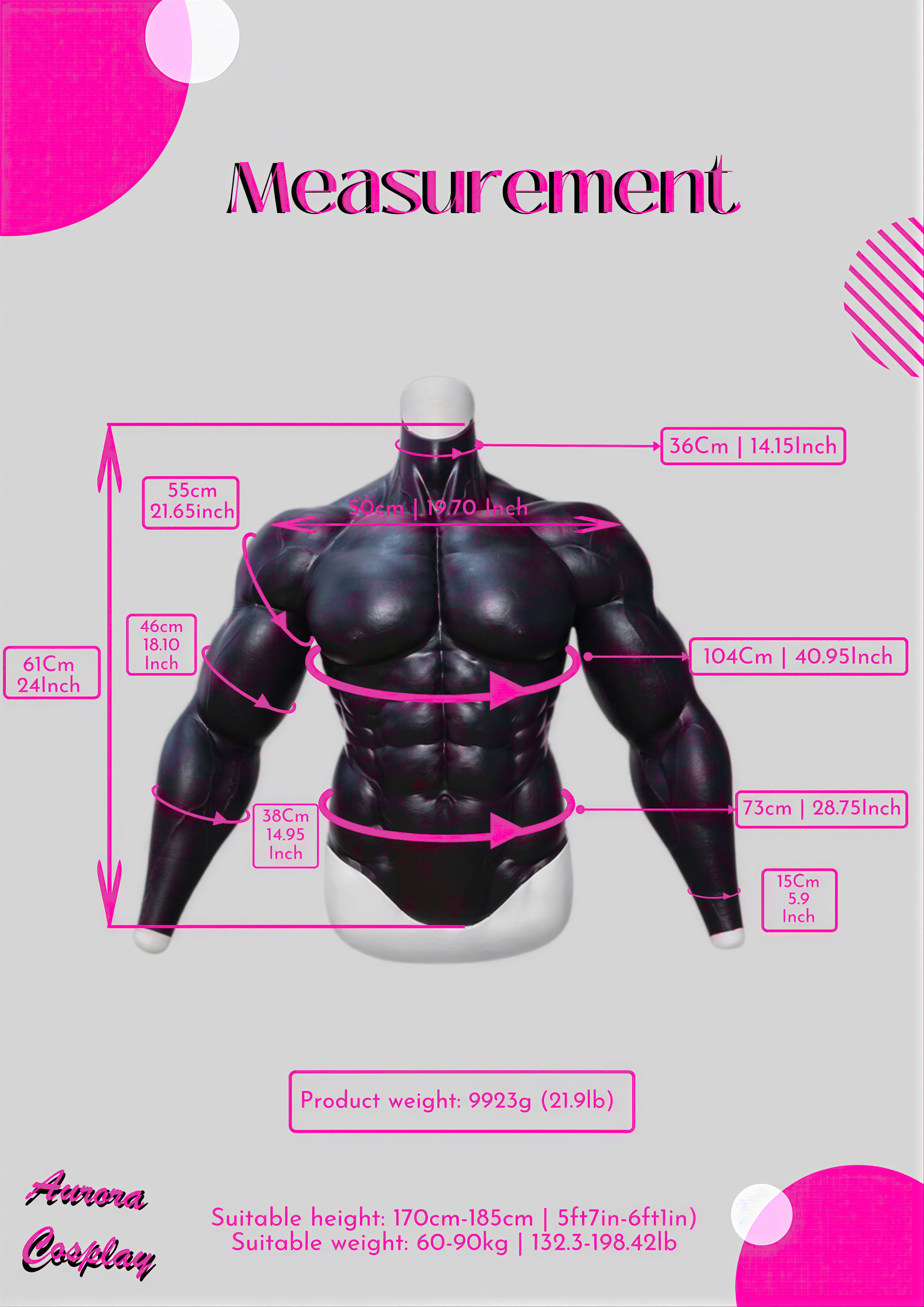 Black Upper Body Muscle Suit With Arms For Cosplay - Medical Silicon Made Muscular Body Suit - Cosplay Accessories For Men - Aurora Cosplay