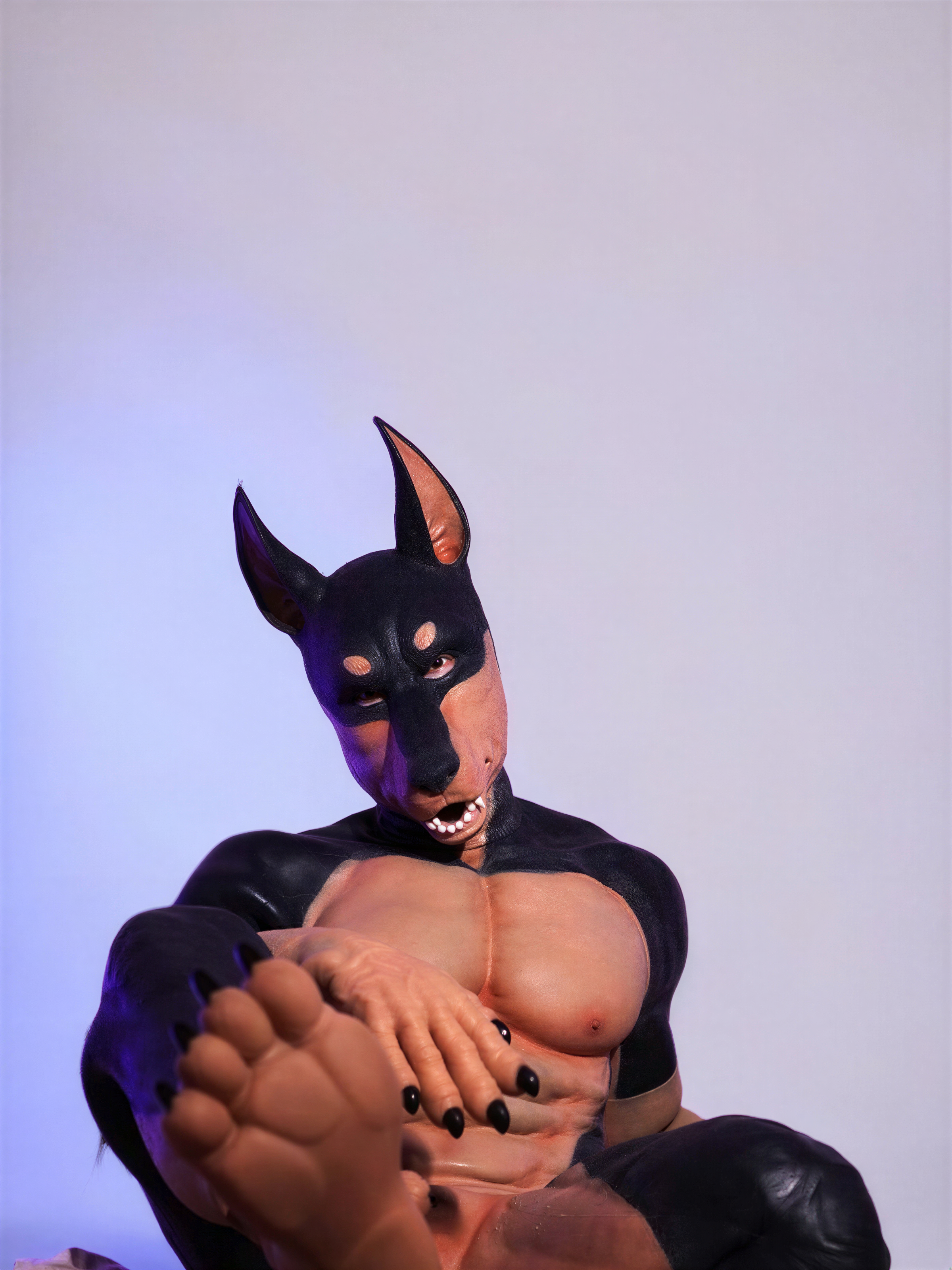 Multicolored Dobie Fursuit: Dynamic Silicone Muscle Suit for Cosplay - Aurora Cosplay