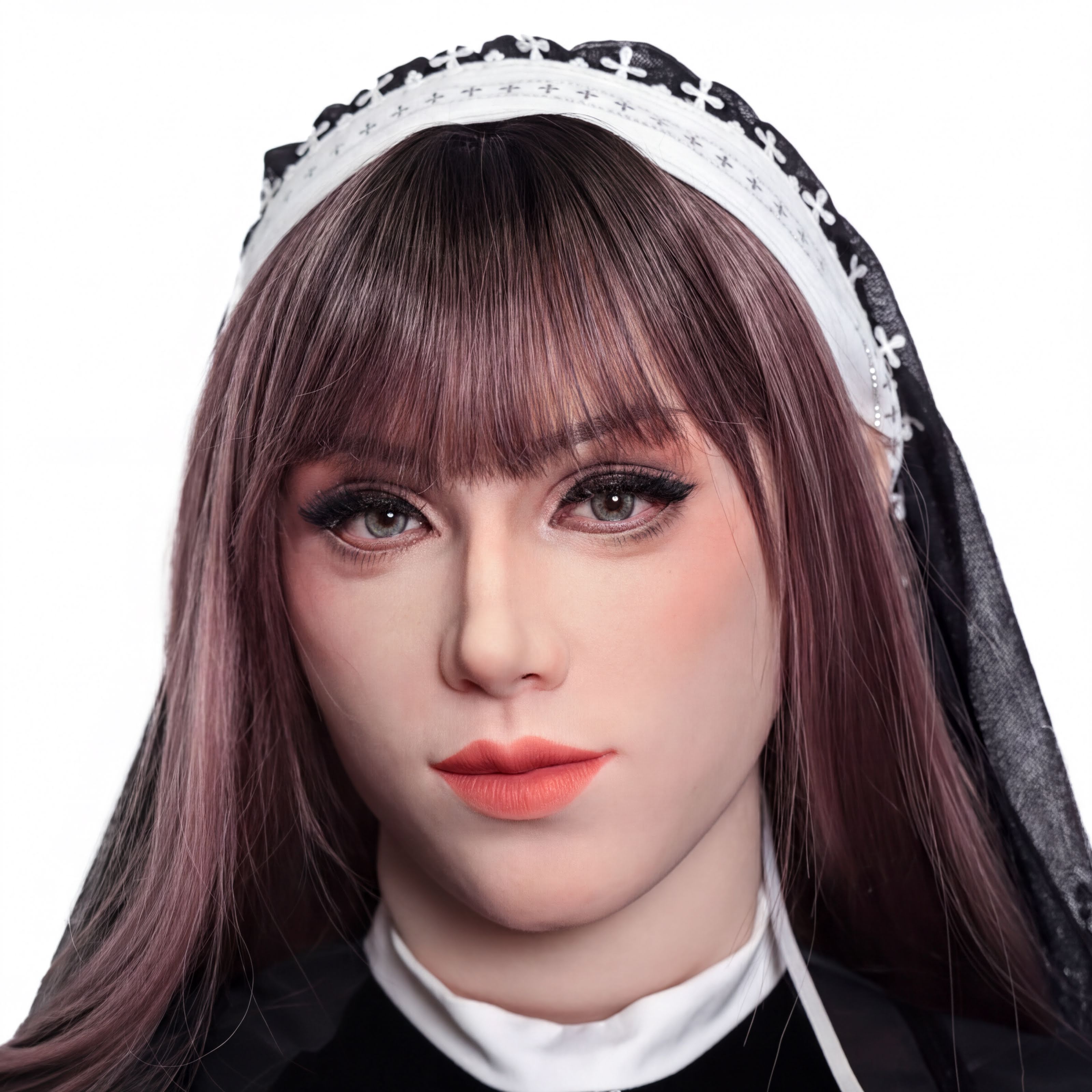 A close-up portrait of a woman with long brown hair, wearing a black and white headband, and a black dress.