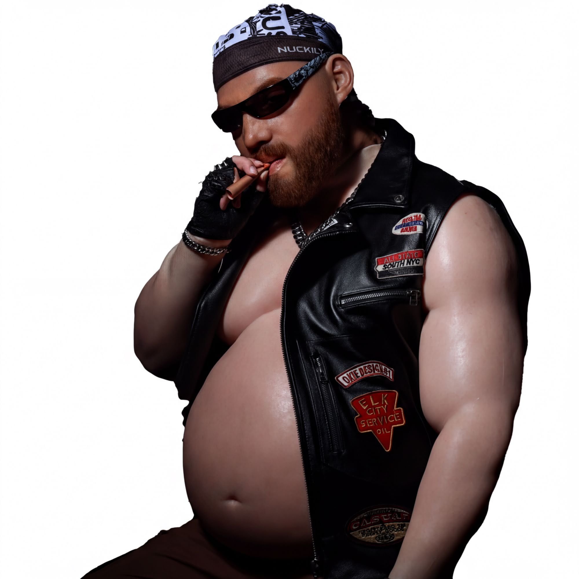 A man wearing a leather jacket, sunglasses, and a bandana is shown in the image.