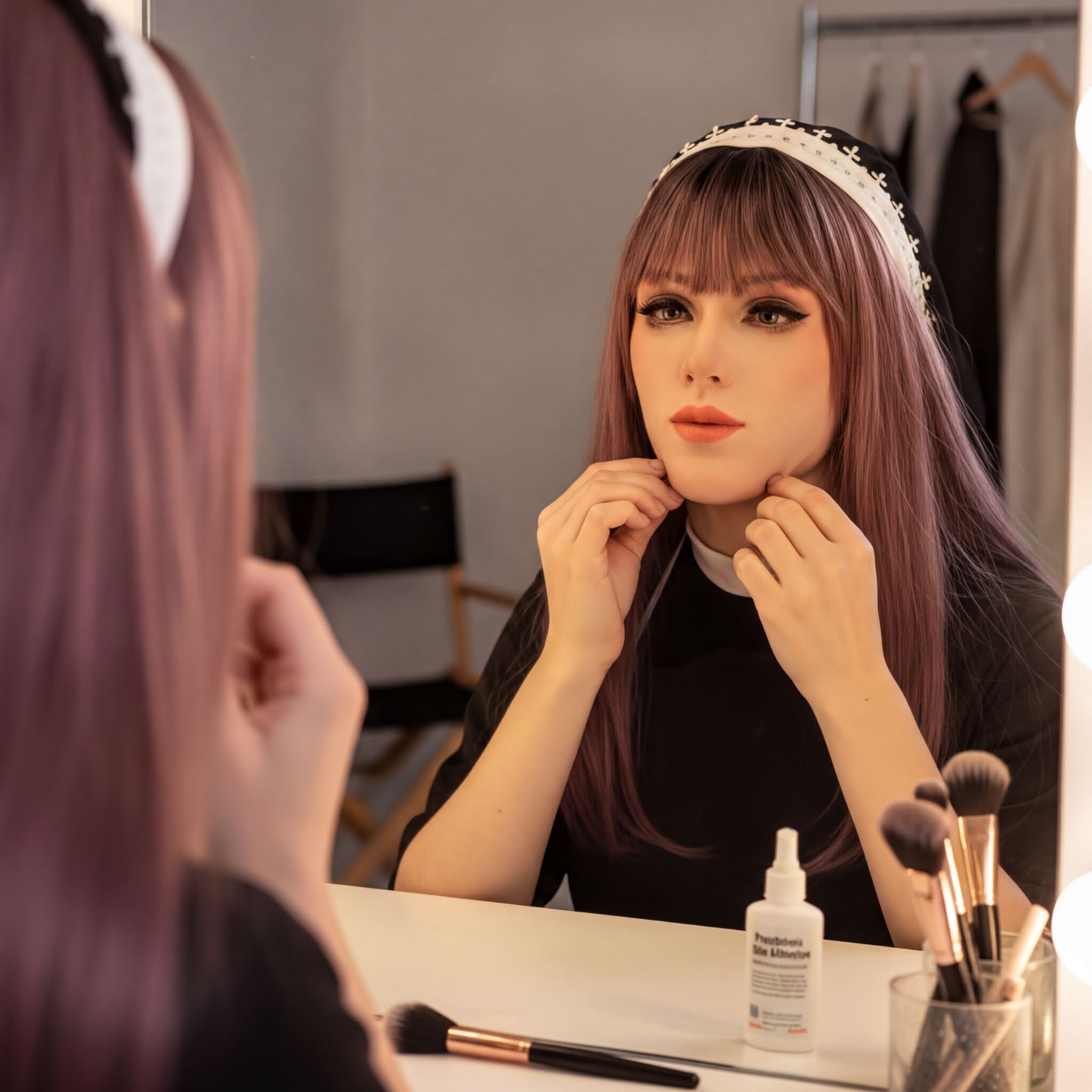 A woman with long, dark hair and a headband is sitting at a vanity, applying makeup in front of a mirror. She is wearing a black top and has makeup brushes and a bottle of lotion on the vanity.