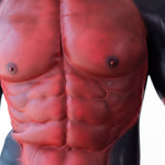 A close-up of a muscular torso, with a red and black color scheme.