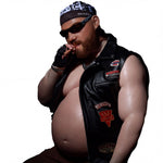 A man wearing a leather jacket, sunglasses, and a bandana is shown in the image.