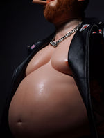 A close-up image of a person with a large, prominent belly, wearing a black leather jacket and a necklace.